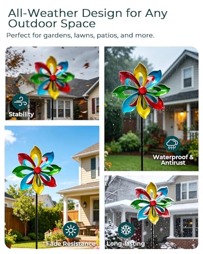 Colorful Metal Wind Spinner, 13" Garden Spinner with Stake