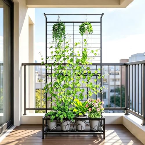 Zhongma Metal Planter with Trellis Raised Bed with Trellis for Vine Climbing Plants Flowers(12.8 x 35.43 x 74 in), 74 Inch Height Privacy Screen with Hanging Plant Pot Shelf - size: 12.8 x 35.43 x 74 in