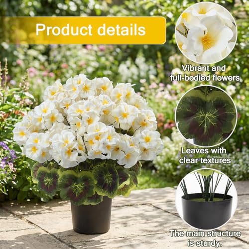 lovemoon 2 Pcs Geranium Potted Artificial Flowers, White, 19" - color: White