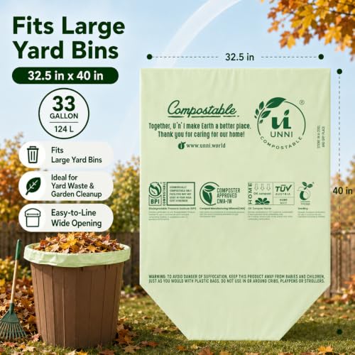 UNNI 30-33 Gallon Compostable Bags, 40 Count, 124 L, Extra Thick 1.1 Mil - size: 40 Count (Pack of 1), style: 33 Gallon