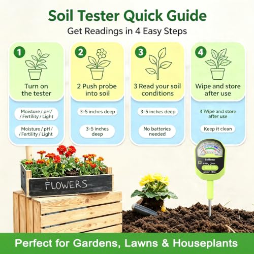 Soil Moisture Meter, 4-in-1 Soil PH Meter, Soil Tester for Moisture, Fertility, Sunlight Intensity with Removable Probe, Color-Coded Analog Dial Soil Testing Kit for Garden, Farm, Flower, Outdoor