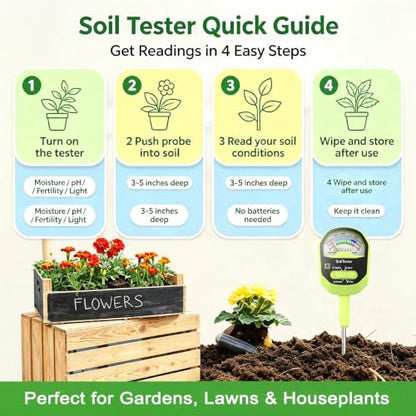 Soil Moisture Meter, 4-in-1 Soil PH Meter, Soil Tester for Moisture, Fertility, Sunlight Intensity with Removable Probe, Color-Coded Analog Dial Soil Testing Kit for Garden, Farm, Flower, Outdoor