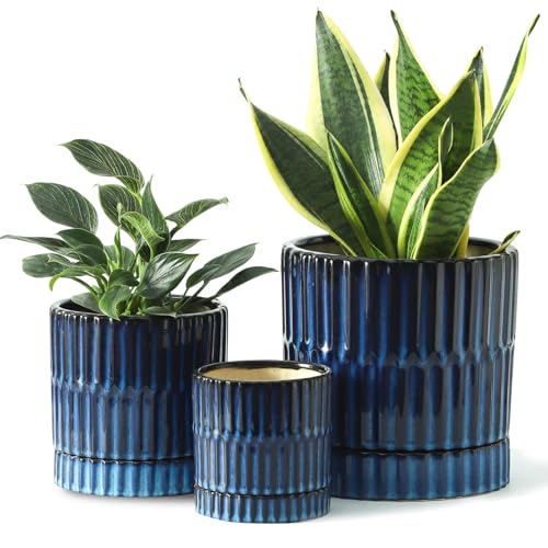 HASENSE Ceramic Pot for Plants, 3-Pack (8/6/4.6 inch) Medium Flower Planter with Drainage Holes & Tray, Rective Glaze Plant Pots Indoor with Ribbed Design, Kithen Home Office Decor, Blue - color: Navy Blue, size: 8+6+4.6 Inch
