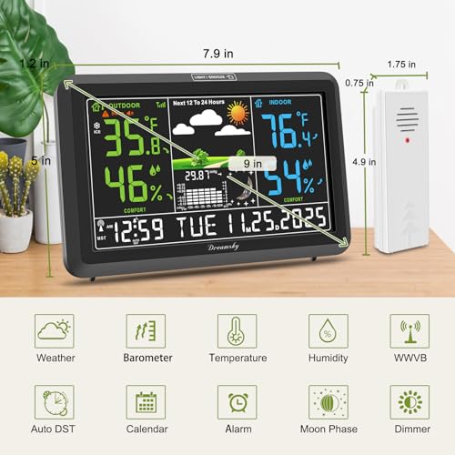 DreamSky Weather Station Indoor Outdoor Thermometer Wireless, Atomic Clock - color: Black with 3 sensor