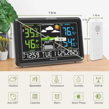 DreamSky Weather Station Indoor Outdoor Thermometer Wireless, Atomic Clock - color: Black with 2 sensor