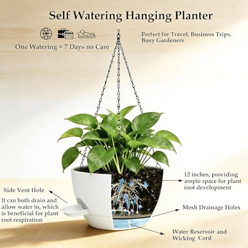 12 Inch Self Watering Hanging Planters 2 Pack, White - color: White