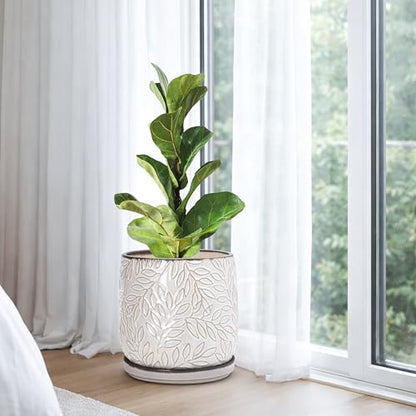 D'vine Dev Embossed Leaves Ceramic Planter, 8 in, Smoked White, 27-A-Q-1 - color: Smoked White, size: 8 Inch
