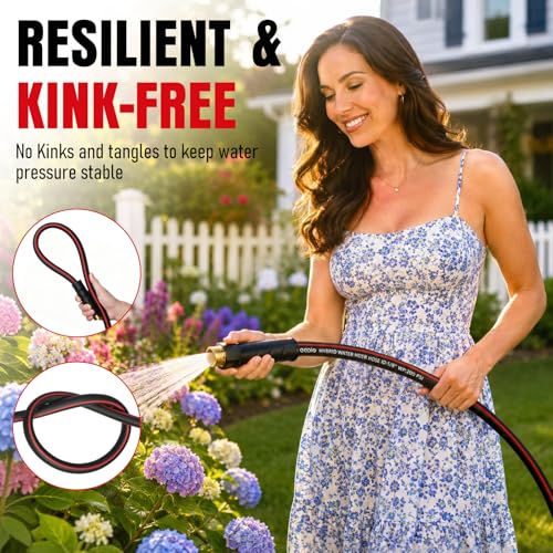 Heavy Duty Garden Hose 50ft, NON-EXPANDABLE Flexible Water Hose, Kink Resistant Lightweight Hybrid Hose, Leakproof Hose Male to Female Fittings - color: Black+Red, size: 50ft