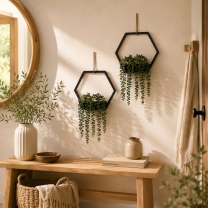 2 Pack Fake Hanging Plants for Room Decor Black Hexagon