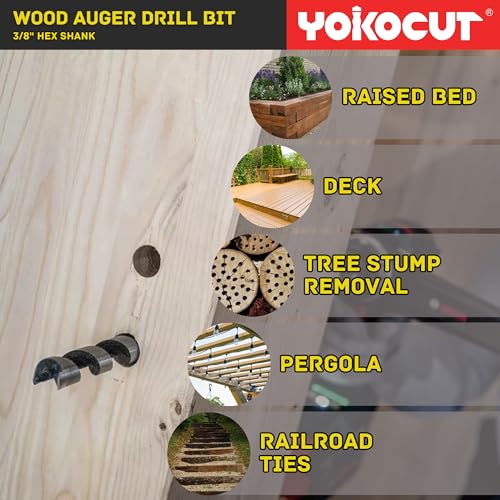 5/8" x 12" Auger Drill Bit for Wood, Hex Shank 3/8", 2-Flute, High Carbon Steel, Ship Auger Bit for Soft & Hard Wood, Plastic, Drywall, Tree Stump & Composite Materials - size: 5/8", style: Length: 12"