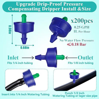 200Pcs 0.25 GPH Drippers Pressure Compensating Drip Emitters - color: 200 PCS 0.25GPH