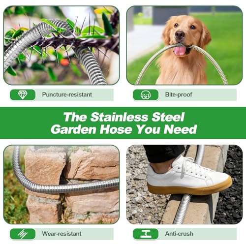 Garden Hose 50FT, Stainless Steel Metal Water Hose with 10-Function Nozzle - color: Silver