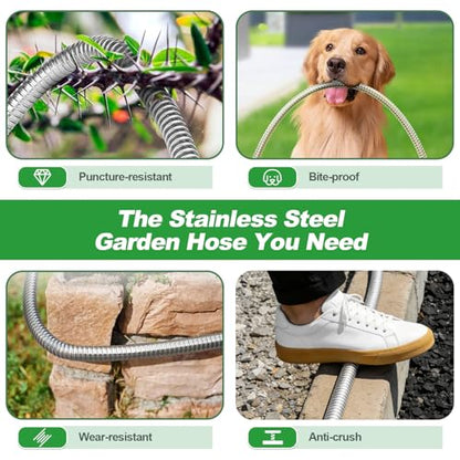 Garden Hose 50FT, Stainless Steel Metal Water Hose with 10-Function Nozzle - color: Silver
