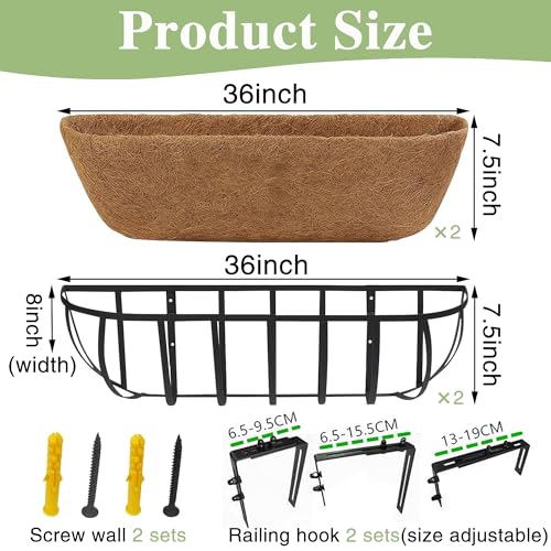 36 Inch Railing Planter Window Box Deck Balcony Rail Planter with Coco Liner Metal Wall-Mounted Coconut Liner Planters Basket Horse Trough Planters for Outdoor Balcony Porch Fence Patio (2 Pack) - size: 36 Inch