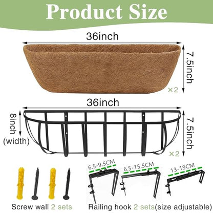 36 Inch Railing Planter Window Box Deck Balcony Rail Planter with Coco Liner Metal Wall-Mounted Coconut Liner Planters Basket Horse Trough Planters for Outdoor Balcony Porch Fence Patio (2 Pack) - size: 36 Inch