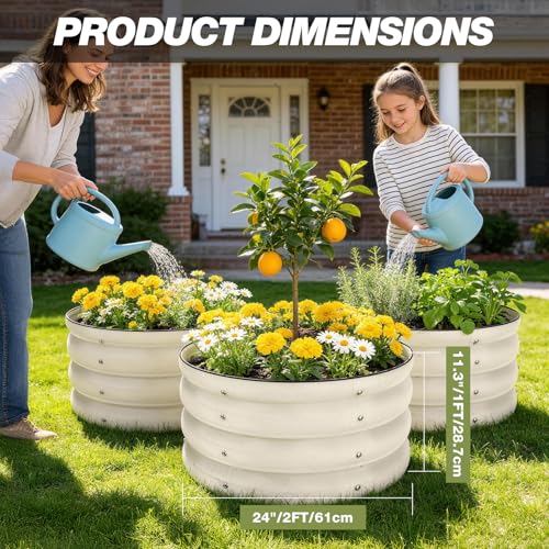 SHALL 3PCs Galvanized Raised Garden Bed Kit, 2x2x1ft Round Planter Boxes Outdoor W/Mini Seed Spreader, Disk Seeder, 2X Seeding Transplanters, Protective Gloves for Flowers Fruits Vegetables Herbs