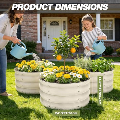 SHALL 3PCs Galvanized Raised Garden Bed Kit, 2x2x1ft Round Planter Boxes Outdoor W/Mini Seed Spreader, Disk Seeder, 2X Seeding Transplanters, Protective Gloves for Flowers Fruits Vegetables Herbs
