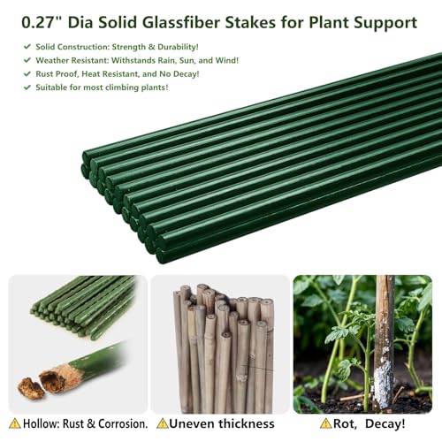 Garden Stakes 48 inch 20 Pack 0.27" Dia Solid Glassfiber Plant Support Rod Tomato Trellis Stakes (Green)