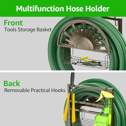 Garden Hose Reel Holder Stand Holds 150ft of 5/8 Hose with 2 Hooks - color: Bronze