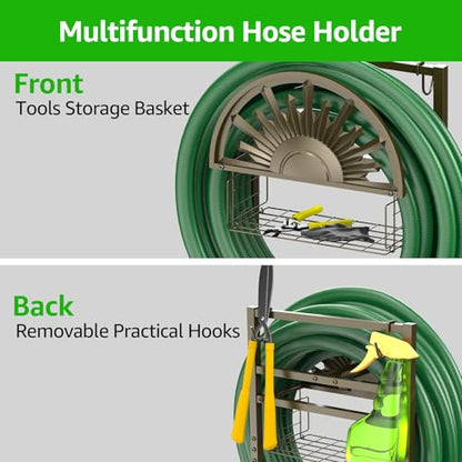Garden Hose Reel Holder Stand Holds 150ft of 5/8 Hose with 2 Hooks - color: Bronze