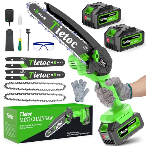 Tietoc Mini Chainsaw 8 inch Cordless with 2x 4000mAh Batteries, Battery Powerd Chain saw with Oiler, Lightweight Handheld Saw for Hous - color: Green- 8 Inch-2 Batteries