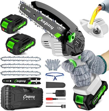 CEEPUY Mini Chainsaw Cordless,6 Inch Portable Electric Chainsaw with 2 Batterys/Automatic Oiler/Security Lock/Powered Small Handheld Saw for Trees Branches Trimming,Gifts for Father Men Dad Husband - size: Light Gray 6-inch