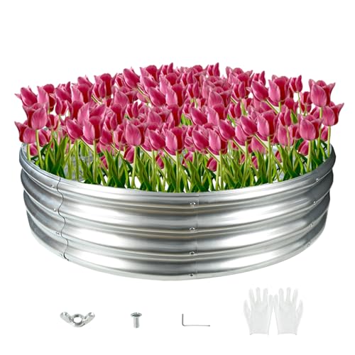 Durable Round Galvanized Steel Raised Garden Bed for Planting,Round Galvanized Steel Fire Ring/Fir Pit for Outdoor- 4×4×1FT,0.8MM Thick Black (47 ins Diameter x 12 ins high, Silver) - color: Silver, size: 47 inches diameter x 12 inches high