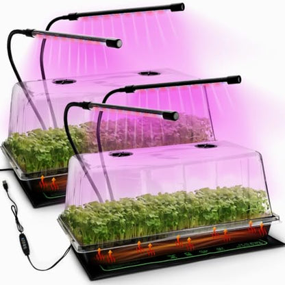 2-Pack 1020 Seed Starter Trays with Heat Mat and Clip-On Grow Light - size: 2p 1020Trays+7.3''Domes+Heat Mats+Lights