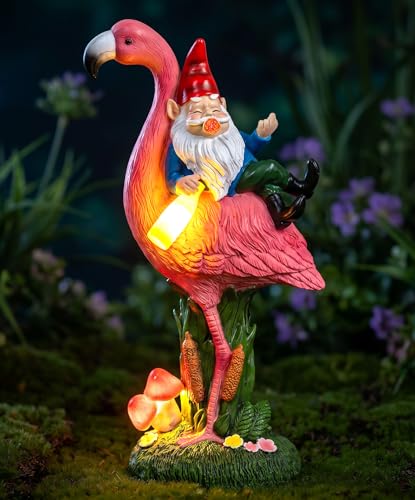 C&Y&G&X Middle Finger Gnome Riding Flamingo 13in, Funny Garden Statue Solar Powered Outdoor Yard Decor with LED Beer Bottle & Mushrooms, Waterproof Naughty Lawn Ornament Gag Gift for Patio, Porch - color: Gnome - Flamingo