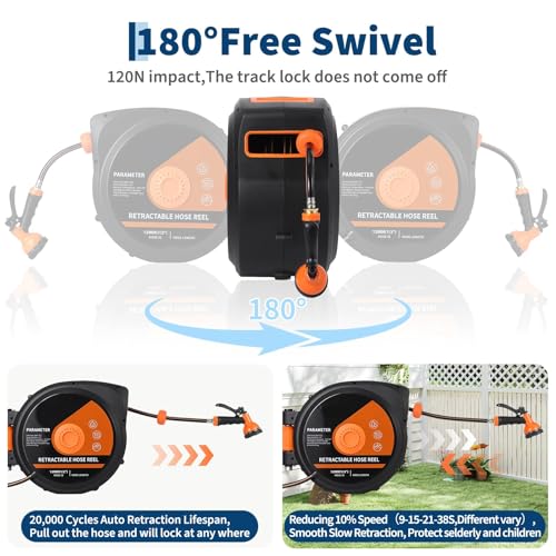 Retractable Garden Hose Reel, 130ft Slow Rewind Wall Mount - size: 130FT