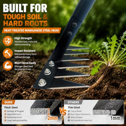 6-Tine Dual-Blade Weed Rake , 35-65" Ergonomic No-Bend Iron Weeding Rake