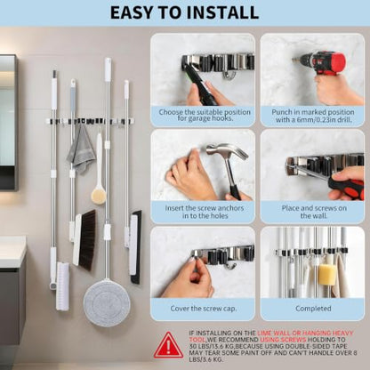 Mop and Broom Hanger Wall Mounted, 5 Racks and 4 Hooks, Storage Organiser (1, Black, 5)