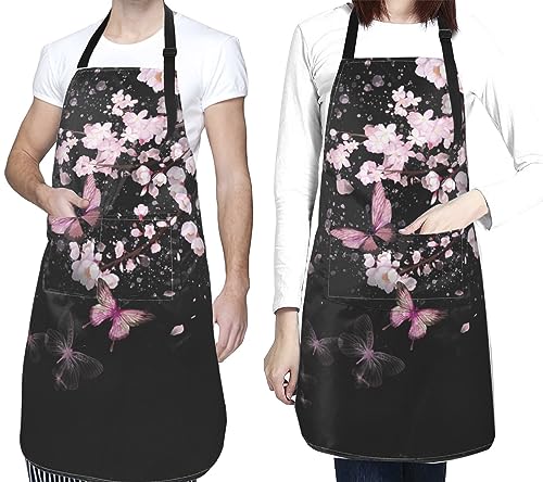 Art Apron with Pocket for Women Men - color: Cherry Blossom With Butterflies