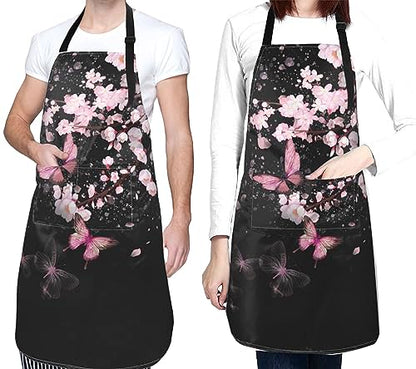 Art Apron with Pocket for Women Men - color: Cherry Blossom With Butterflies