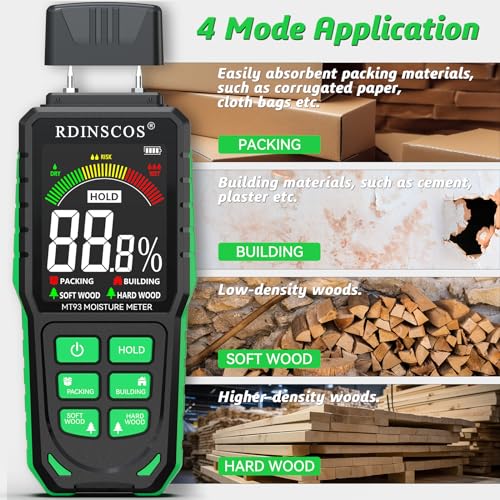 RDINSCOS MT93 Wood Moisture Meter, Rechargeable Wood Moisture Detector - color: Green