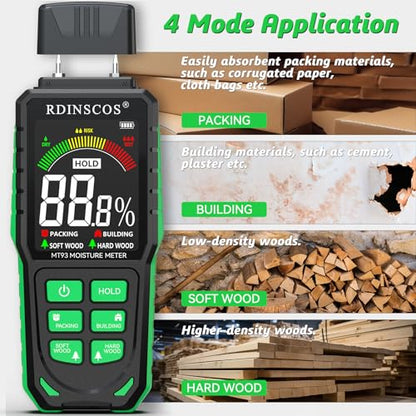RDINSCOS MT93 Wood Moisture Meter, Rechargeable Wood Moisture Detector - color: Green