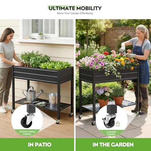 32" Tall Galvanized Raised Garden Bed with Legs Wheels & Shelf, Black - color: Black