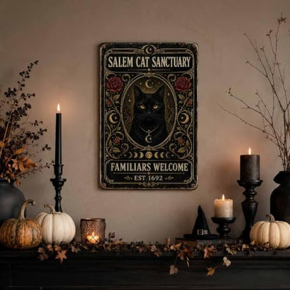 Halloween Metal Art Sign Salem Cat Sanctuary Black Cat Wall Decor - color: 06A