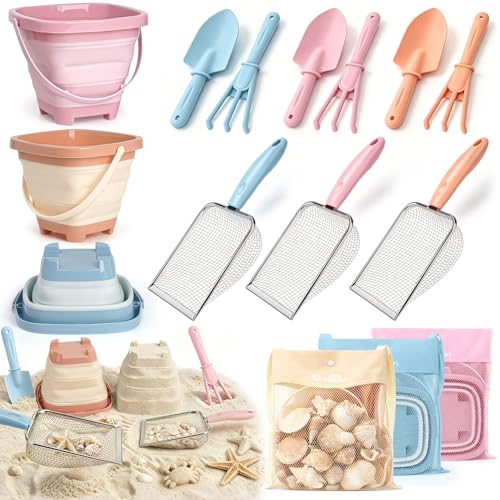 Beach Sand Toys Mesh Shovel Set for Kids, 3 Pack Collapsible Sand Buckets
