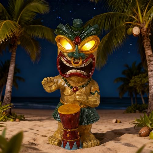 Solar Tiki Garden Statue with LED Eyes Outdoor Polynesian Drummer Hawaiian Party Decor Solar Light Ornament for Patio Porch Lawn or Tiki Lover Best Gifts for Tiki Lovers - color: Drumming Tiki Statue