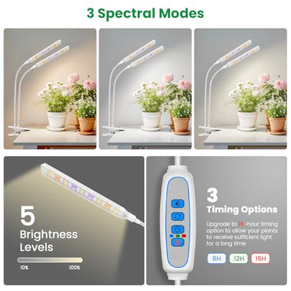 Aumtrly Plant Lights for Indoor Growing, 2 Head White Clip on Grow Lamp - color: White 1 Pack