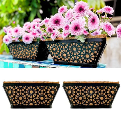 LaLaGreen Window Planter Boxes for Outdoor Plants (12 Inch, 2 Pack,) Small and Cute Black Metal Fence Hanging Planters Flower Basket Pot with Coco Liner Trendy Horse Troughs Balcony Patio Porch Rail - size: 12" (30cm) x 2 pack