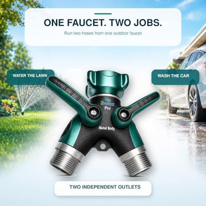 2WAYZ Hose Splitter 2 Way Heavy Duty Outdoor Faucet and Garden Connector - Water Spigot Splitter - Durable All-Metal Y Adapter with Shut-Off Valve - 4 x 4 x 1.5 Inches - size: Single Splitter