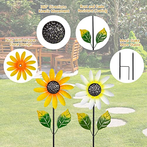 2 Pack Garden Wind Spinners,Wind Sculptures Windmill Flower Pinwheel - color: White-yellow