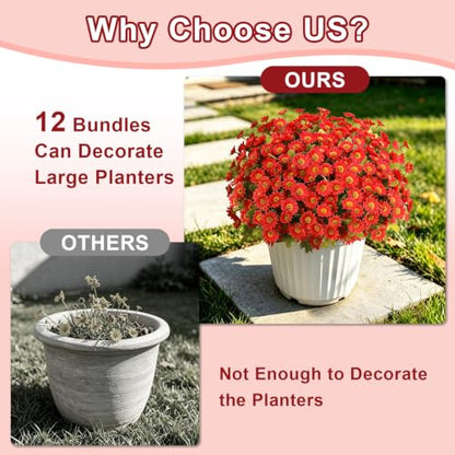 Artificial Daisy Mums for Outdoors, 12 PCS Fall Flowers, Red - color: Red