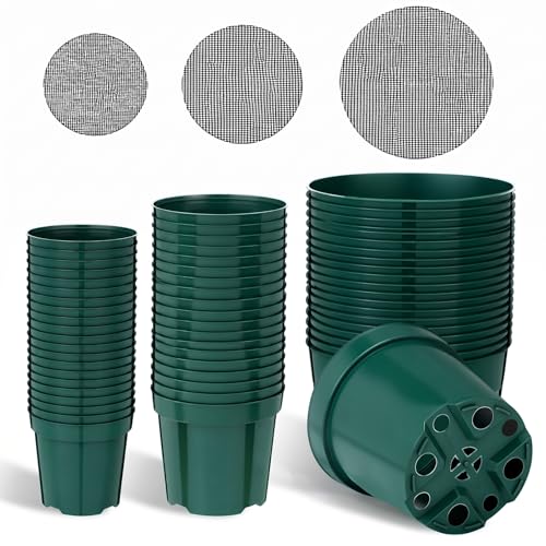 Chumia 50 Set Plastic Nursery Pots with Mesh Pad 4", 6", 8" Grow Sturdy Plastic Plant Pots Drainage Holes for Seed Starting Indoor Outdoor Flower Planter, Green