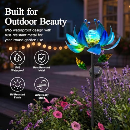Solar Wind Spinners for Yard and Garden, Color-Changing Metal Lotus Flower - color: Blue