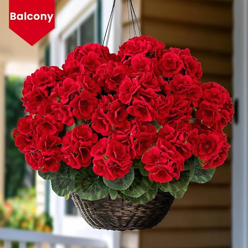 14" Artificial Red Geranium 6-Pack Silk Flowers for Outdoors
