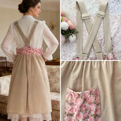 Cotton Linen Apron Cross Back Apron for Women with Pockets Pinafore Dress - color: 2 Pack-flora Beige