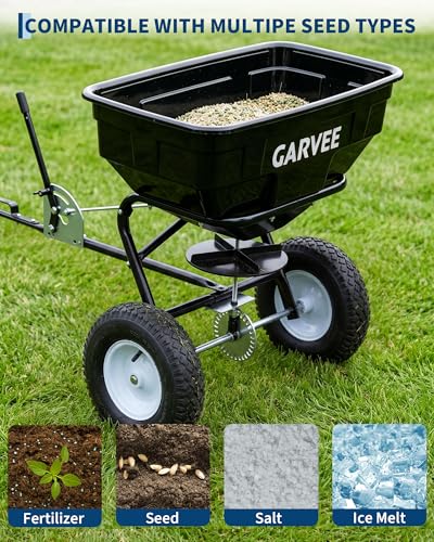 Tow Behind Broadcast Spreader, 130LBS Capacity, Universal Hooks Tow/Push Garden Spreader Fit for UTV, ATV & Most Tractors, 30 Adjustable Settings, 9.8 ft Spreading Width, Lawn Spreader for Seed, Ferti - size: 125 LBS